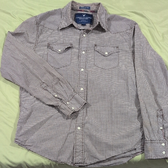 American Eagle Outfitters Men's Plaid Long-sleeve Shirt - Brown and White - Picture 1 of 6